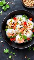 Shrimp salad in bowl. Cilantro and chili peppers add spice. Food photography background photo