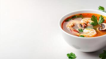 Shrimp soup with mushrooms and parsley in a white bowl on a white background, possible use for a menu photo