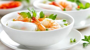 Shrimp soup in white bowl, garnish, served in light setting. Cookbook, restaurant use photo
