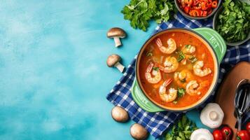 Shrimp soup served on a blue table with spices. Use Cooking blog header photo