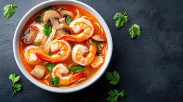 Shrimp soup with mushrooms and cilantro on dark background for menu, recipe, or food blog use photo
