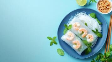 Shrimp spring rolls wnoodles, lime, basil on plate. Bright background for food blog, menu, or cookbook photo