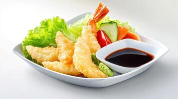 Shrimp tempura with salad, cucumber, carrot slices, and soy sauce. On white. Food photography photo