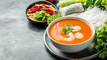 Shrimp Tom Yum soup served with noodles and spring rolls for cooking blogs and asian food menus photo
