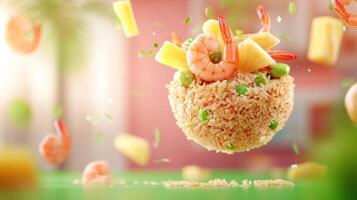 Shrimp with pineapple on rice floats mid-air, summer vibrant colorful background, food photography commercial use photo