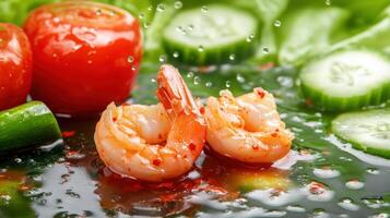 Shrimps, tomato cucumber on a plate for a healthy balanced diet with water drops. Possible commercial use photo