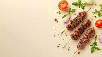 Skewers of grilled meat with tomato, onion and herbs, used for cooking, against a beige background photo