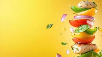 Skewered veggie and chicken kebab on a golden background for healthy eating photo