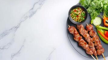 Skewers on plate. Cilantro, peppers, and dip. Culinary delight background. For menu, blog, or recipe photo