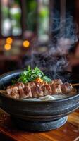 Skewers with noodles steaming hot on a wooden table with a blurry outdoor view photo
