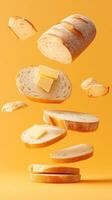 Sliced bread falling with butter on orange background for breakfast, meals or recipe images photo
