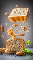 Sliced bread with nuts levitating above a gray surface. Display image for cooking recipes photo
