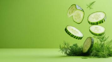 Sliced cucumbers float above dill on a green background for salads or healthy eating visuals photo
