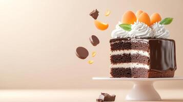 Sliced cake with chocolate topping and orange slice background for dessert menu design photo