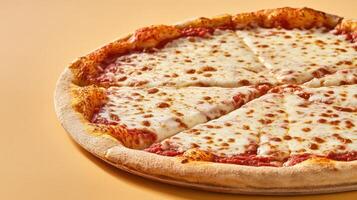 Sliced cheese pizza on a solid surface, side view, for a restaurant menu or advertising uses photo