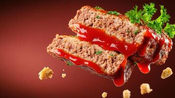 Sliced meatloaf with ketchup and parsley garnish on a brown background. Culinary use photo