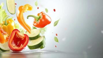 Sliced pepper and zucchini falling on water. Healthy food, diet concept and background use photo