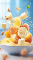 Sliced potato with butter falling into mashed potatoes in a bowl for cooking inspiration photo