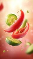 Sliced red and green peppers floating in the air on a gradient color background. Food photography photo