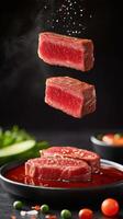 Sliced steak levitates over a dish with garnish. Restaurant menu image photo