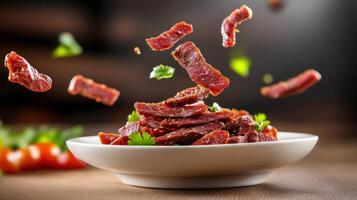 Slices of jerky piled on plate with herbs, tomatoes around, with a wooden backdrop and studio setting photo
