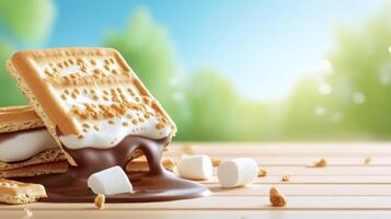 S'mores with marshmallow and chocolate on a wooden table photo