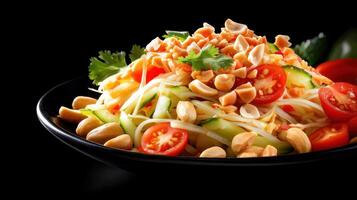 Som Tam Papaya salad with tomatoes and peanuts on a black plate. Background Black, studio shot photo