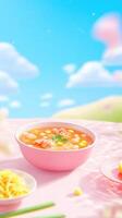 Soup bowl on a pink table with blue skies and fluffy clouds for a cheerful cartoon look photo