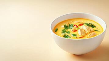 Soup in a bowl with garnish. Cooking presentation. Can be used for food blog or ads photo