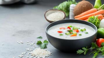 Soup in bowl with vegetables and rice on table, concept of a healthy diet photo