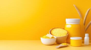 Spa Products Salt, Bottle, Jar, and Dried Plants on Yellow Background for Cosmetic or Home Use photo