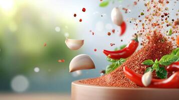 Spices with chili and garlic thrown in the air against blurred greenery background for food presentation photo