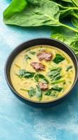 Spinach and beef soup served on a table. Healthy meal background. Possible for healthy eating photo