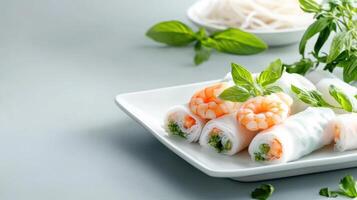 Spring rolls with shrimp on a plate for lunch, with basil, noodles in the background, for recipe photo