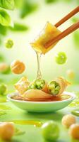 Spring roll with honey and floating fruit pieces, possibly for a restaurant menu photo