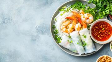 Spring rolls with shrimp, noodles, and fresh greens being served on a plate. Side view for menu photo