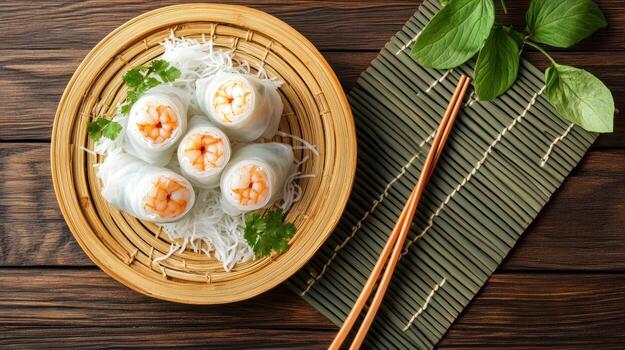 Spring rolls with shrimp, parsley on plate, table setting, food photography, recipe, menu use photo