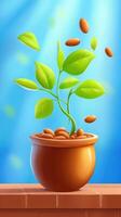 Sprout in pot, seeds falling under sunlight. Growth concept, hope or care background. Use illustration photo