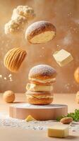 Stack of doughnuts with butter falling down, cooking scene. For culinary concepts photo