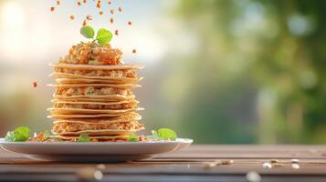 Stack of pancakes on plate with toppings falling, bokeh background for culinary use photo