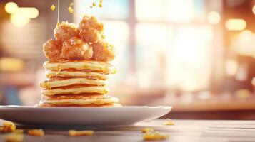 Stack of pancakes topped with fried chicken and syrup being drizzled blurred background photo
