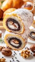 Stack of poppy seed roll with nuts on the white table with baked goods in the background photo