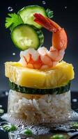 Stacked rice dish with pineapple, zucchini and prawn topped with cucumber, used for menu design photo
