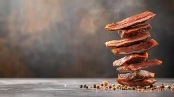 Stacked smoked meat slices with spices on a dark table with blurred background. For advertising photo
