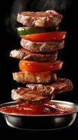 Steak tower with vegetables on a plate. Food presentation for menu, restaurant, cooking photo