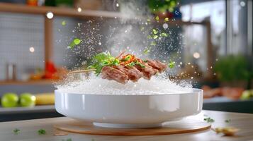 Steaming meat skewers served in bowl. Kitchen background. Food photography. Menu item image photo