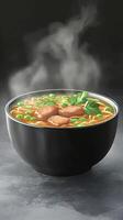 Steaming noodle soup with meat chunks in bowl on table. Home cooking, restaurant use photo
