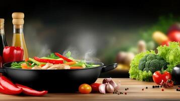 Steaming stir-fry with veggies and chicken on a table, with herbs, vegetables, and oil bottles photo