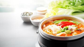 Steaming pot of soup with vegetables, mushrooms, peppers on table with sauce, cabbage photo
