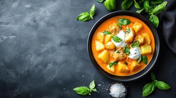 Stew served in black bowl, with basil, on dark table, for menu, blog. Copy space available photo